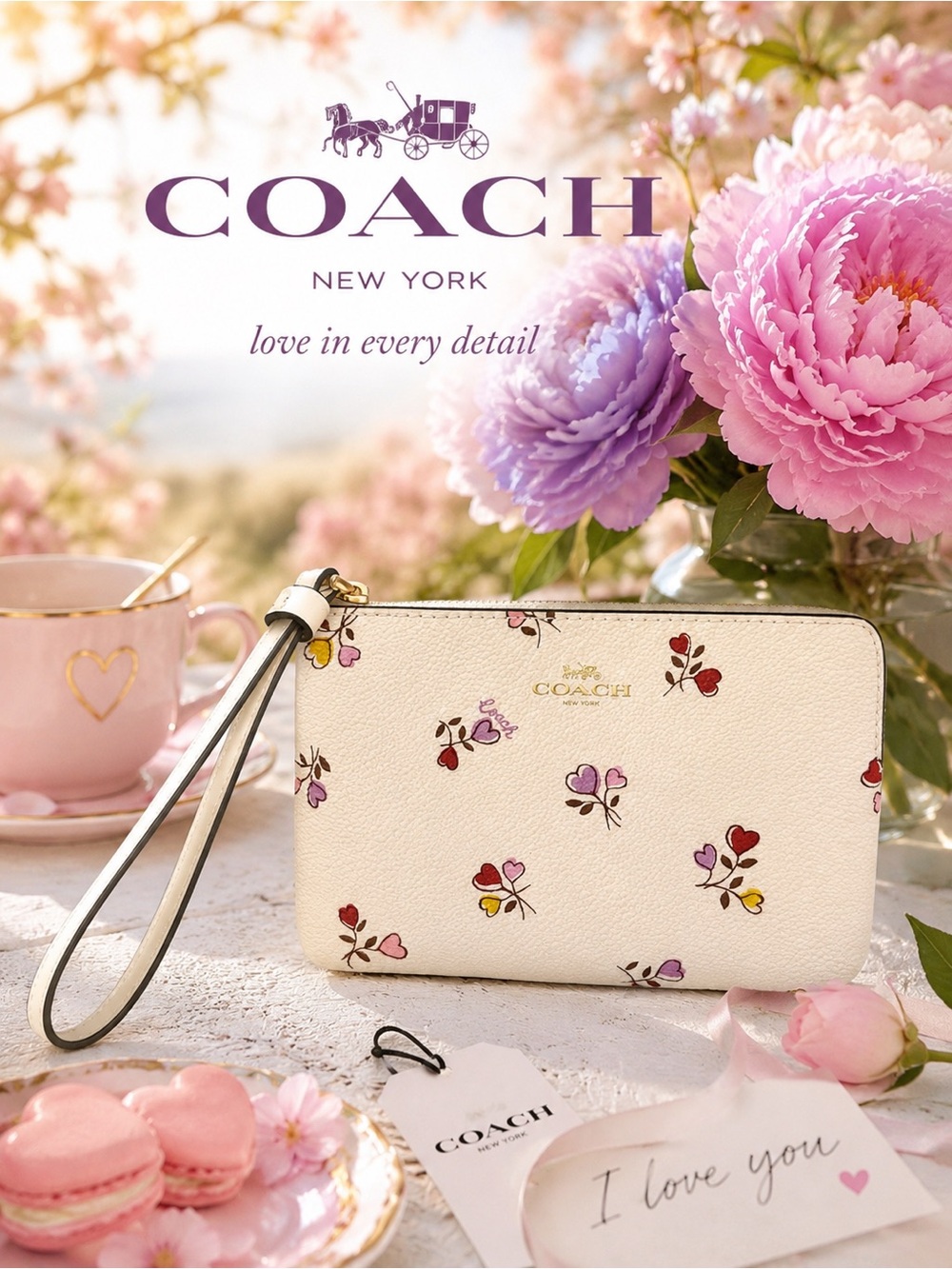 COACH Corner Zip Heart Print Chalk Leather Wristlet with  Floral Accents NWT